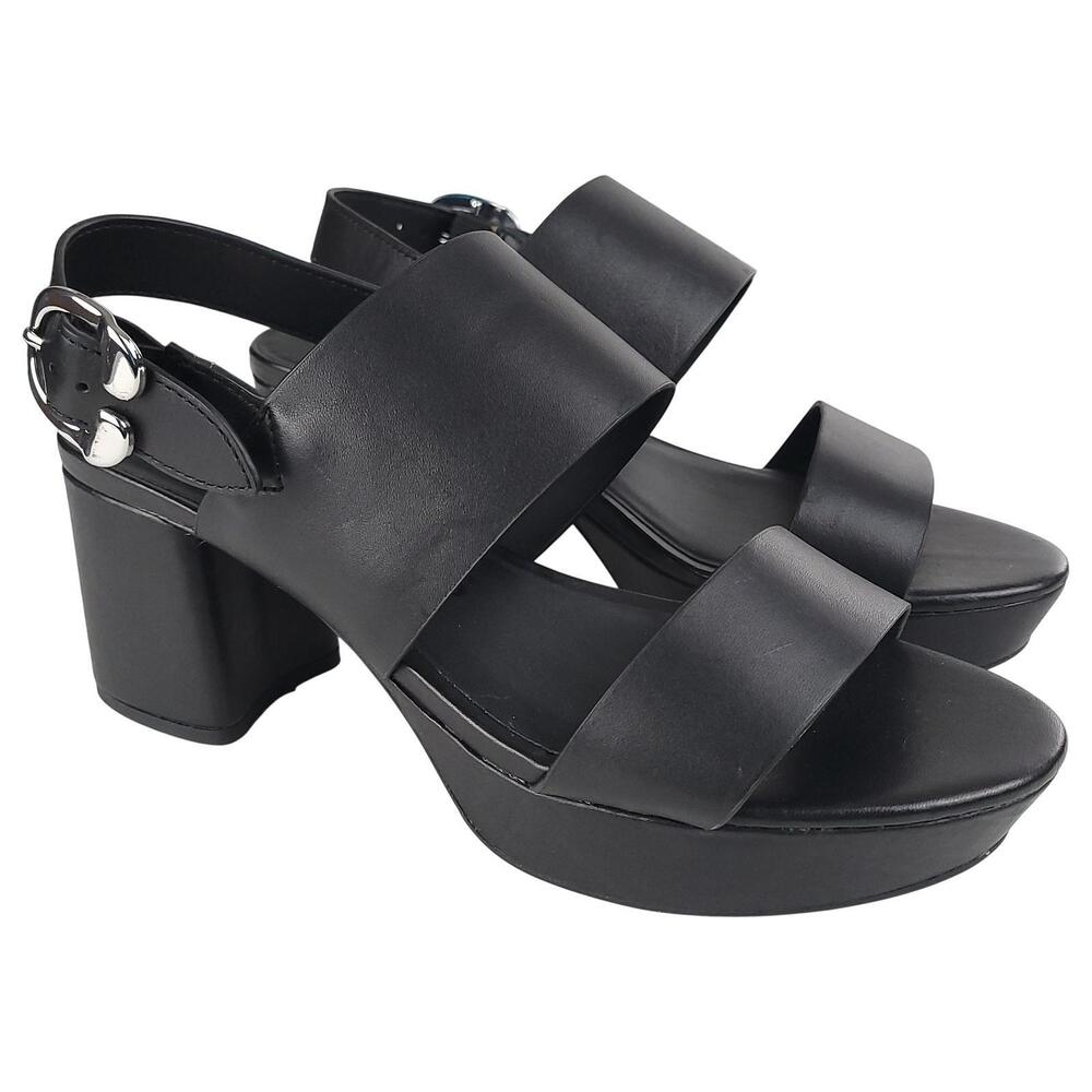 NWOB AEROSOLES Camera Sandals 9.5W Black Leather Platform Block Heel Open Toe